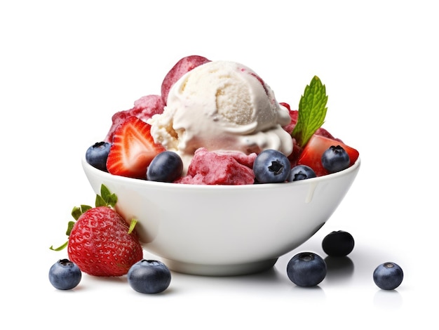 Fresh fruits with scoops of creamy ice cream with raspberry blueberries and strawberries