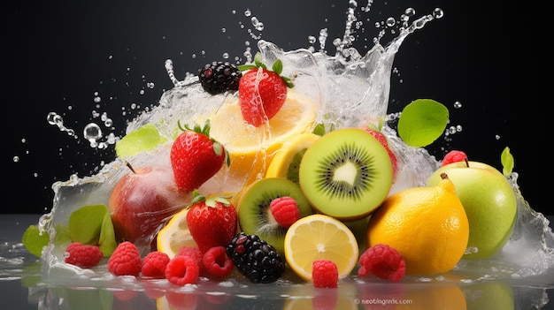 Fresh fruits with water splash on black background Healthy food concept enerated ai