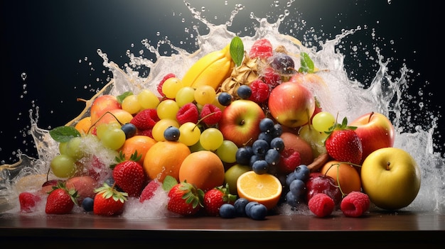 Fresh fruits with water splash on black background Healthy food concept enerated ai