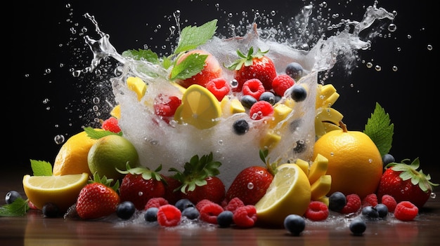 Fresh fruits with water splash on black background Healthy food concept enerated ai