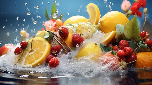 Fresh fruits with water splash on black background Healthy food concept enerated ai