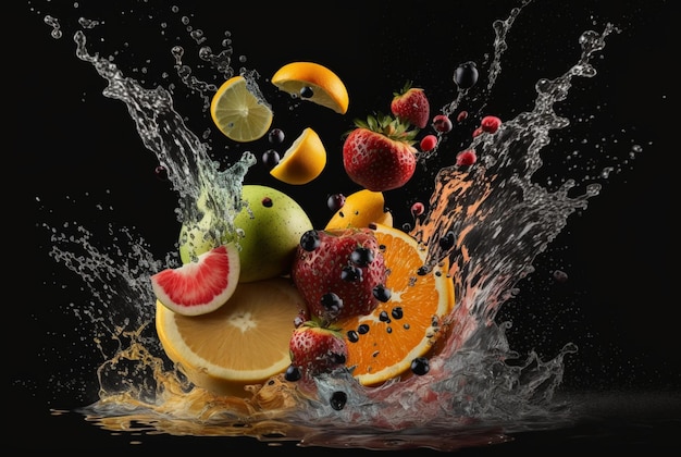 Fresh fruits with water splash isolated on black background generative ai