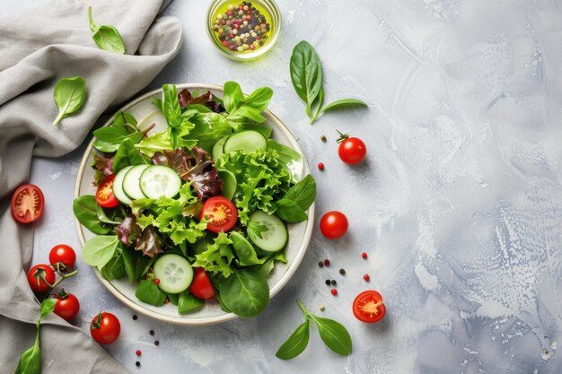 Fresh garden salad with mixed greens cherry tomatoes cucumbers and a sprinkle of pepper