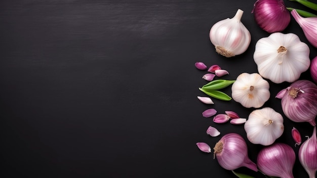 Fresh garlic on a black background Spices herbs Healthy food Free space for your text