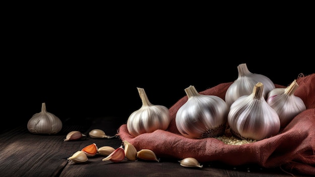 Fresh garlic on a black background Spices herbs Healthy food Free space for your text