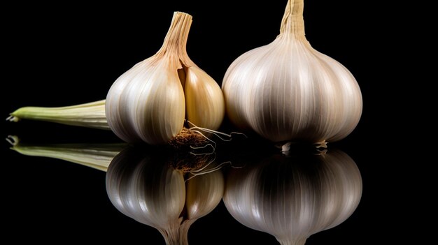 fresh garlic with black onion on black glass table