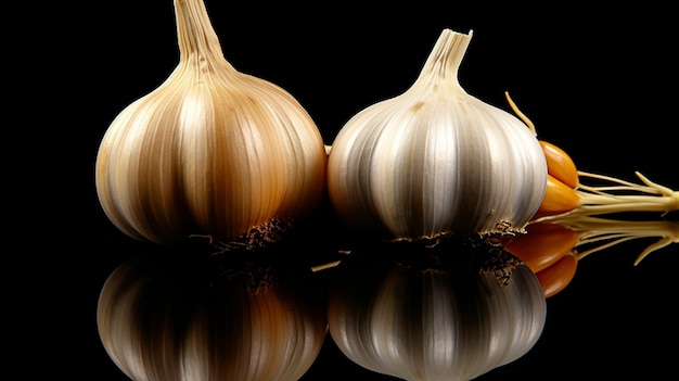 fresh garlic with black onion on black glass table