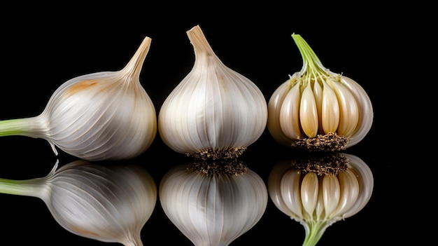 fresh garlic with black onion on black glass table