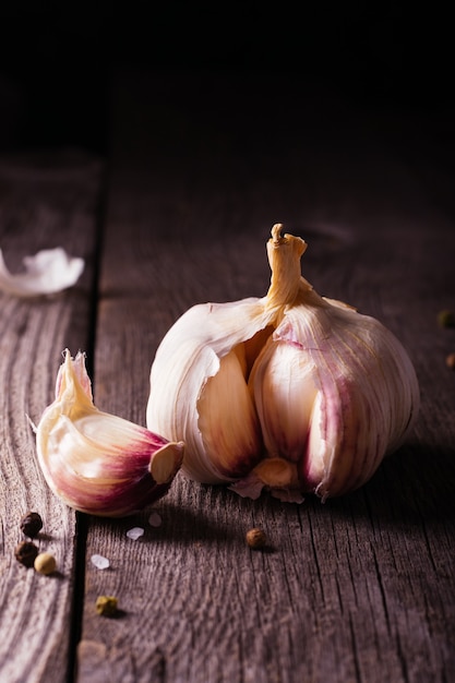 Fresh garlic on a wooden table