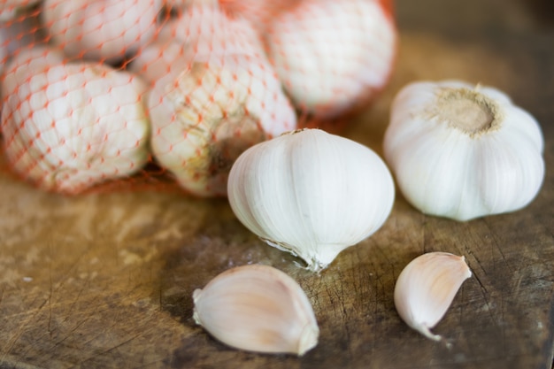 fresh garlic on wooden