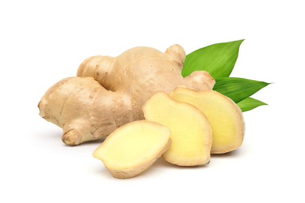 Fresh ginger rhizome with sliced and green leaves