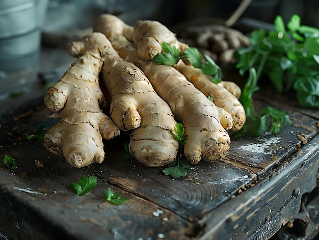 Fresh Ginger Root with Green Leaves on a Rustic Wooden Surface Realistic Photo