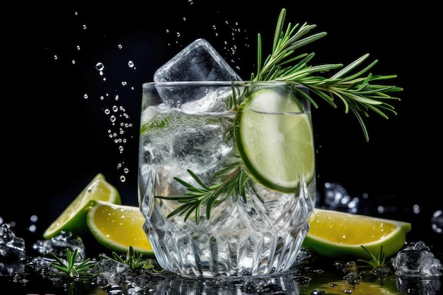 Fresh Gintonic with lime and juniper branch on black background Ai generative