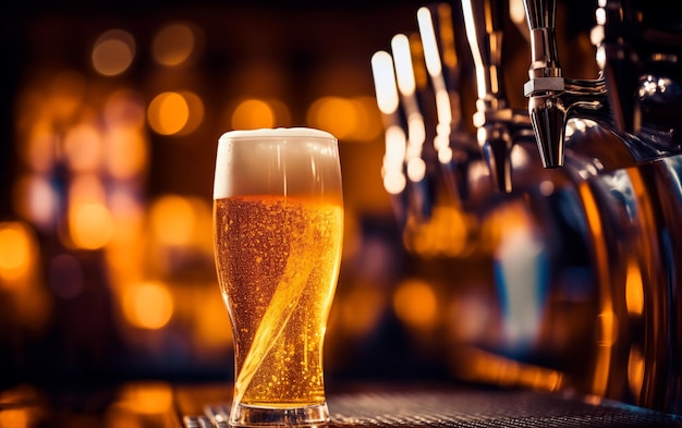 Fresh glass of beer on bar table with bokeh background and empty space for text