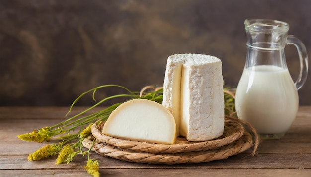 Fresh goat cheese and glass jug of milk on wooden table Organic and tasty products