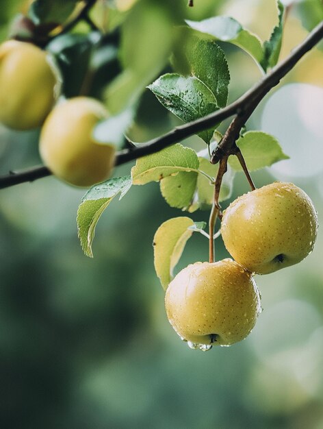 Photo fresh golden apples on tree branch with raindrops natures harvest