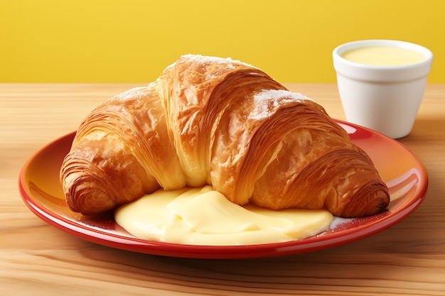 Fresh gourmet croissant with butter on yellow plate generated