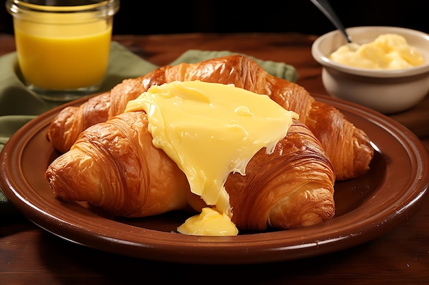 Fresh gourmet croissant with butter on yellow plate generated