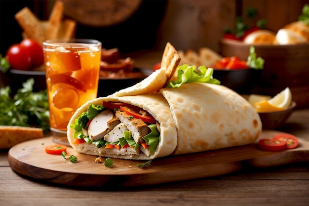 Fresh gourmet sandwich with meat and vegetables pita bread salad roll generated by Ai