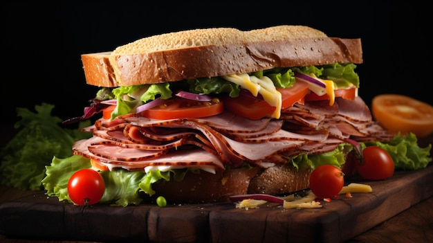 Fresh gourmet sandwich with meat and vegetables