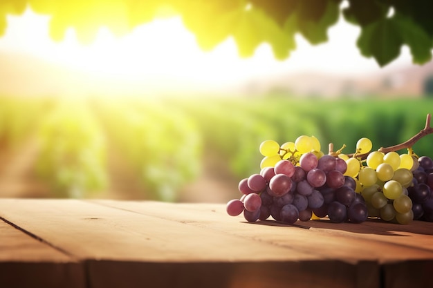 fresh grapes fruits bunch on wooden table with vineyard field on morning sunshine background with copyspace areaGenerative AI