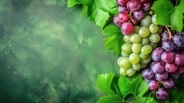 Fresh grapes with green leaves on textured green background