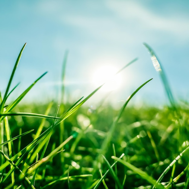 Fresh grass and sunny blue sky on a green field at sunrise nature of countryside