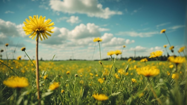 Fresh grass and yellow dandelion flowers in nature against a blurry blue sky with clouds natural la