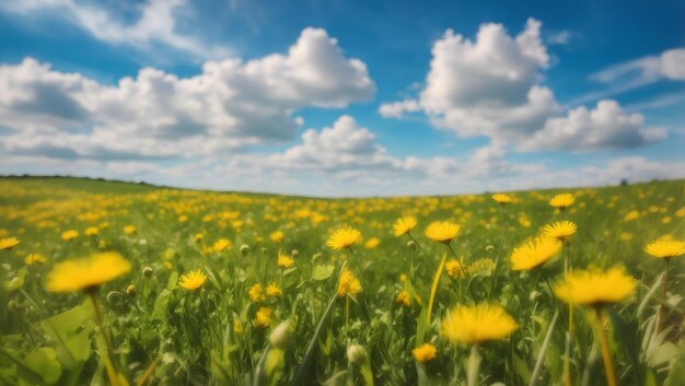 Fresh grass and yellow dandelion flowers in nature against a blurry blue sky with clouds natural la