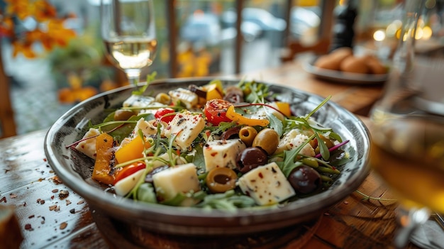 Fresh Greek Salad on Rustic Table with Window View and Wine Glasses