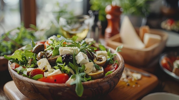 Fresh Greek Salad with Feta Cheese Olives and Arugula in a Wooden Bowl