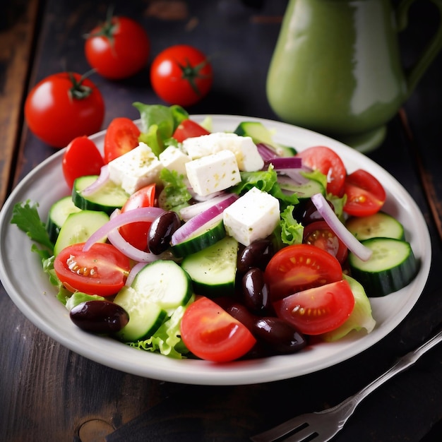 Fresh Greek salad with vegetables and olives on a plate Generative AI