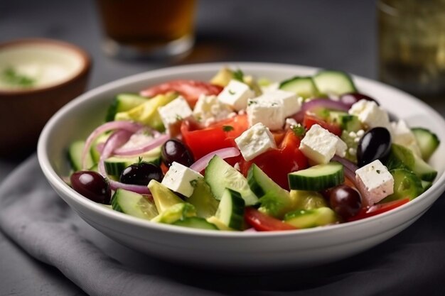 Fresh Greek salad with vegetables and olives on a plate Generative AI