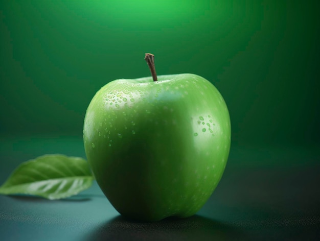 Fresh green apple and single leaf on green background