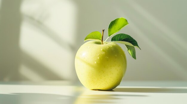 Fresh green apple with leaves on white background with shadow from the window