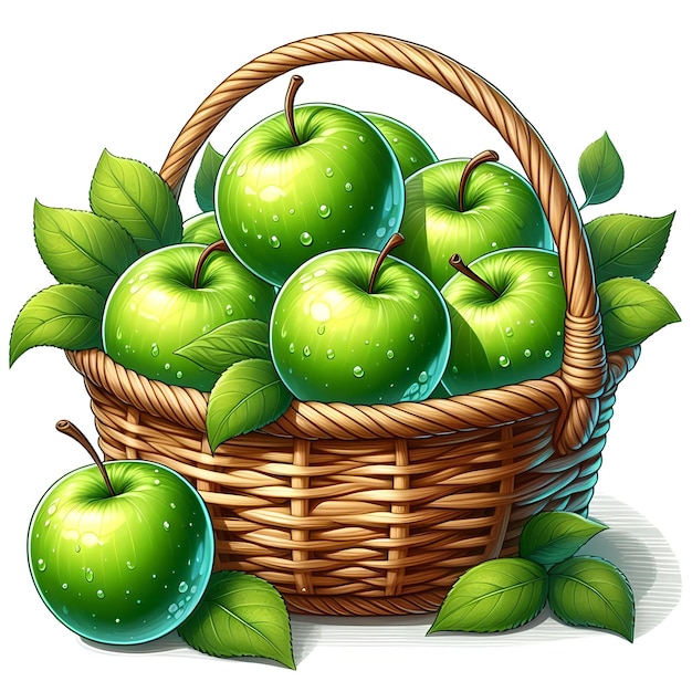 Fresh Green Apples In Basket Illustration