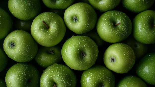 Photo fresh green apples with water droplets closeup shot