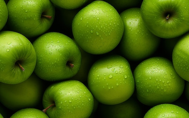 Fresh green apples with water drops close up