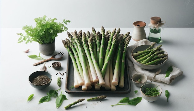 Fresh Green Asparagus Spears in a White Bowl on a Table