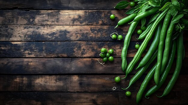 Fresh green beans on a wooden table