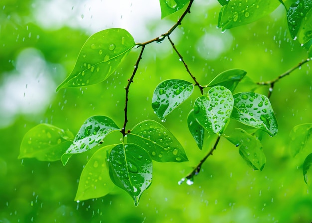 Fresh Green Branches and Leaves in Pouring Rain Serene Nature in a Rainy Day