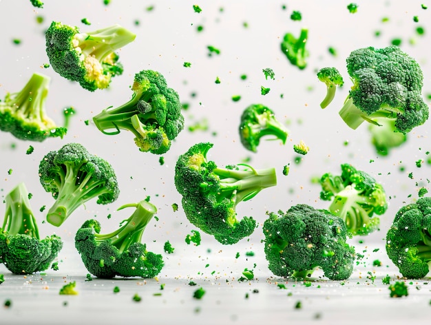 Fresh green broccoli falling on white background photography of BROCCOLI falling from the sky hyperpop colour scheme glossy white background