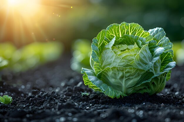 Fresh Green Cabbage Growing in Sunlit Garden Agricultural Concept for Farm and Organic Gardening Posters