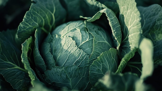 Photo fresh green cabbage growing in a vibrant vegetable garden during the early morning light