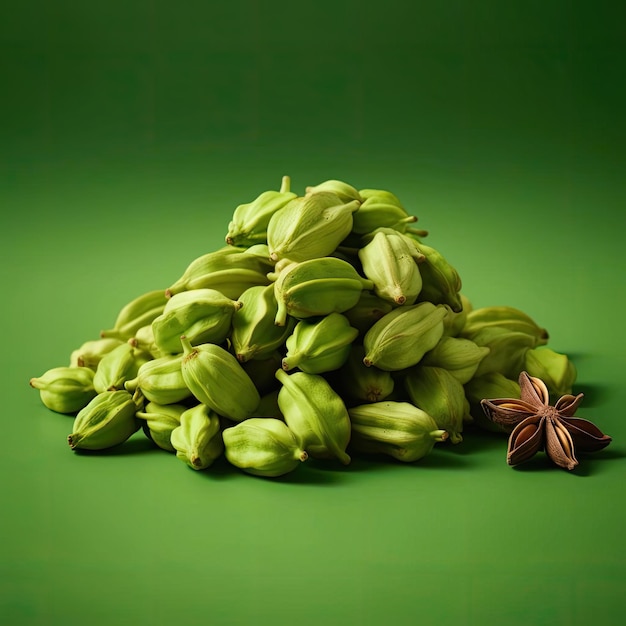 Fresh green cardamom pods on a green background with a star anise