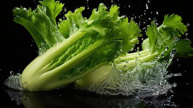 Fresh green celery exposed to water splash on black background and blur