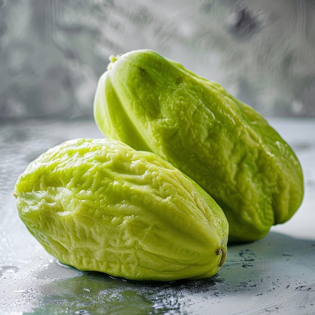 Fresh Green Chayote or Sicyos Edule also known as Christophine Mirliton and Choko on Light Table