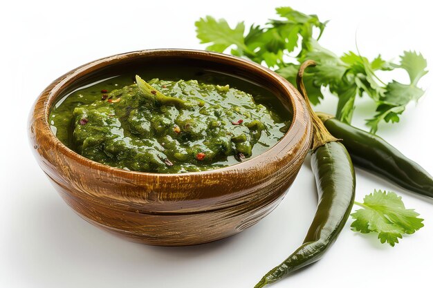 Photo fresh green chutney in a wooden bowl garnished with green chilies and coriander