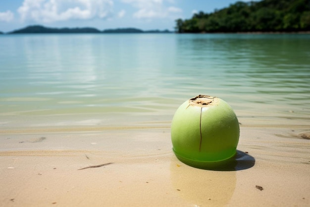 Fresh green coconut on a sandy shore