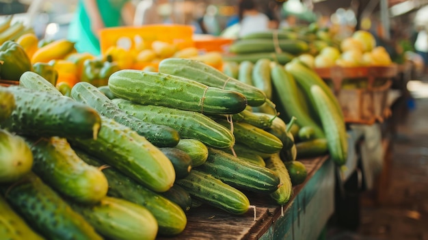 Photo fresh green cucumbers piled high at a vibrant outdoor market stall display a feast of colors and textures inviting shoppers